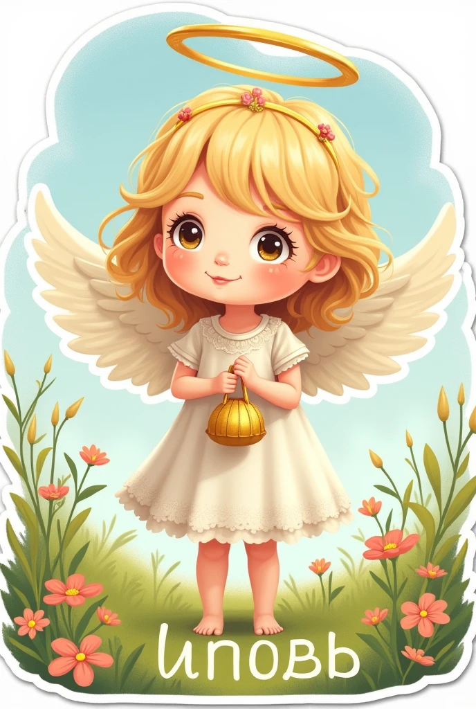 Drawn angel, girl child- sticker, holds a small golden bag, halo overhead, blonde hair, grass, flowers , summer, holiday. word "limit" it is written in beautiful font at the bottom of the sticker,  in Cyrillic 