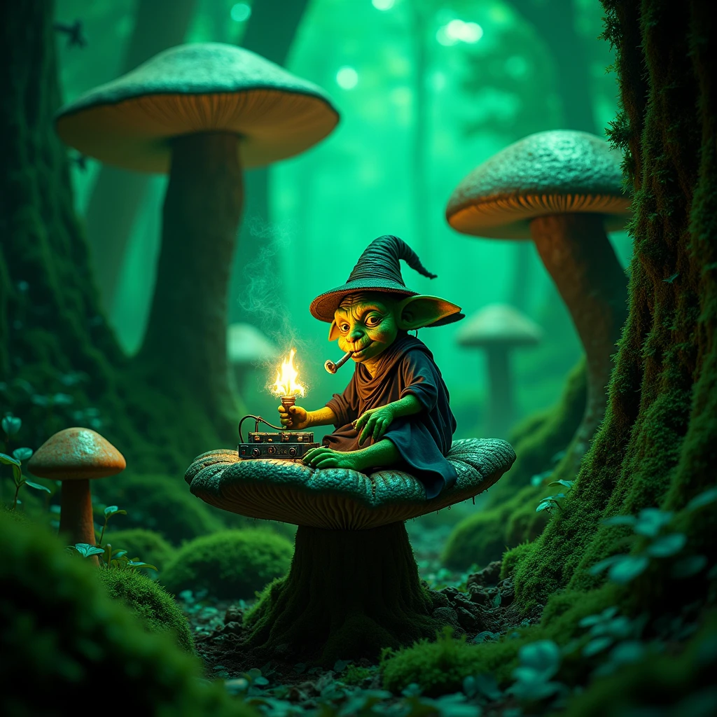 Nightvision footage of the face of a goblin thats dressed like a wizard sitting on a shroom in a shroomforest while smoking out of his herb vaporizer while playing on audio interfaces and dj pults While hanging with treebeard
