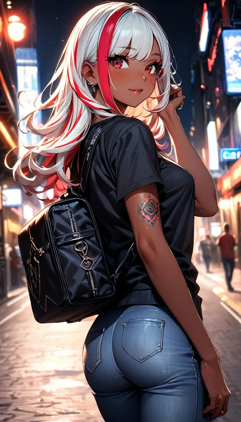 (highest quality:1.2, Very detailed, up to date, Vibrant, Ultra-high resolution, High Contrast, masterpiece:1.2, highest quality, Best aesthetics), Portraiture、girl、singer, solo, ((25-years-old:1)), Bright colors, Beautiful fine details、Beautiful lip detail、medium wave hair、red and white ((streaked hair:1.6)), highlights hair: 1.5, red eyes, slim body:1, medium breast, (tan skin:1.1), (Floral Fineline tattoo design on left arm:1), (Walking down the busy street at night:1), sparkling city lights, daypack on left shoulder, t-shirt, jeans short, long boots, looking back, cowboy shot