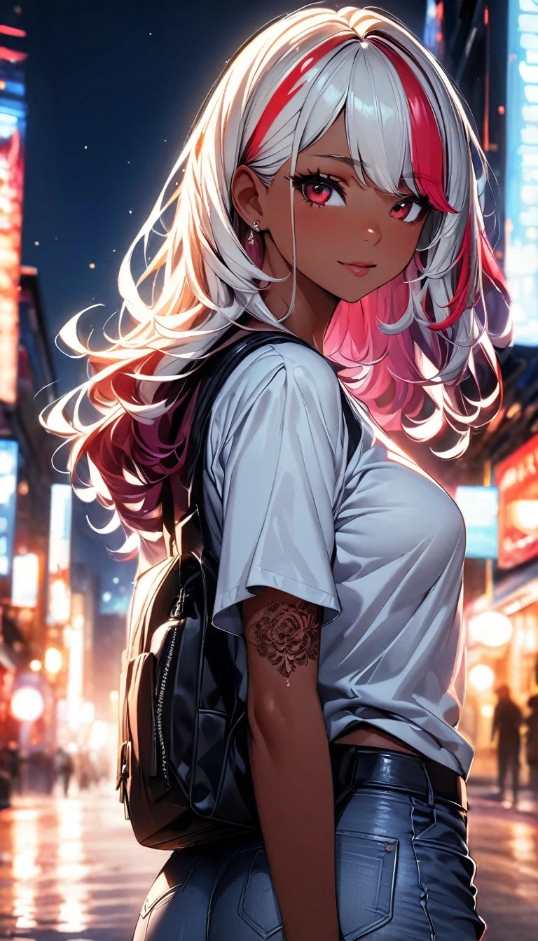 (highest quality:1.2, Very detailed, up to date, Vibrant, Ultra-high resolution, High Contrast, masterpiece:1.2, highest quality, Best aesthetics), Portraiture、girl、singer, solo, ((25-years-old:1)), Bright colors, Beautiful fine details、Beautiful lip detail、medium wave hair、red and white ((streaked hair:1.6)), highlights hair: 1.5, red eyes, slim body:1, medium breast, (tan skin:1.1), (Floral Fineline tattoo design on left arm:1), (Walking down the busy street at night:1), sparkling city lights, daypack on left shoulder, t-shirt, jeans short, long boots, looking back, cowboy shot