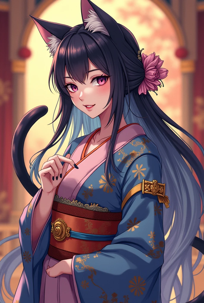 ((anime)), ((perfect quality)), ((masterpiece)), ((good anatomy)), feminine male, half-human, bakaneko, no chest, slim body, japanese, long multicolored, cat beauty, cat ears, 5 cat tails, detailed, cunning smile, colorful, long kimono, slight makeup, royalty, fan