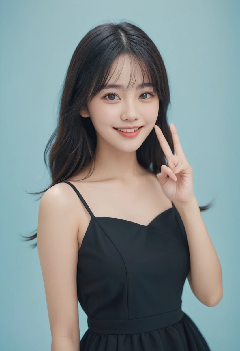 detailed portrait of a young girl, black hair, black dress, one hand making a V sign, smiling, against a simple light blue background, realistic, photorealistic, best quality, 8k, ultra-detailed, sharp focus, vivid colors, physically-based rendering,Film Portrait Photography, One person, Exposing shoulders, Shoulder-length wavy hair, Calm, Calm, (Realistic eyes, Natural skin texture, Realistic facial details), Soft and dramatic lighting, Depth of written boundary, Bokeh, Vivid details, In detail, Surreal, 35mm Film, Blurred, movie,