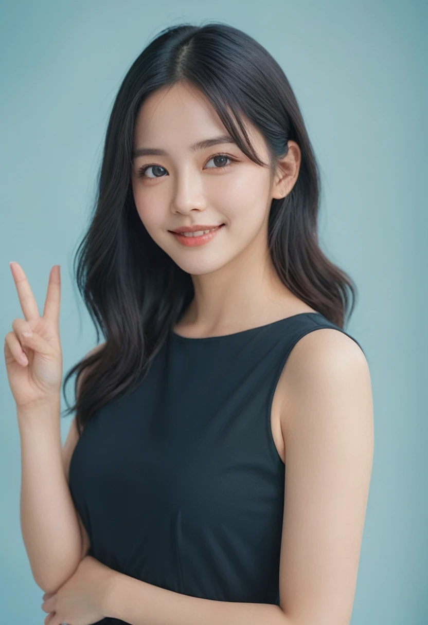 detailed portrait of a young girl, black hair, black dress, one hand making a V sign, smiling, against a simple light blue background, realistic, photorealistic, best quality, 8k, ultra-detailed, sharp focus, vivid colors, physically-based rendering,Film Portrait Photography, One person, Exposing shoulders, Shoulder-length wavy hair, Calm, Calm, (Realistic eyes, Natural skin texture, Realistic facial details), Soft and dramatic lighting, Depth of written boundary, Bokeh, Vivid details, In detail, Surreal, 35mm Film, Blurred, movie,