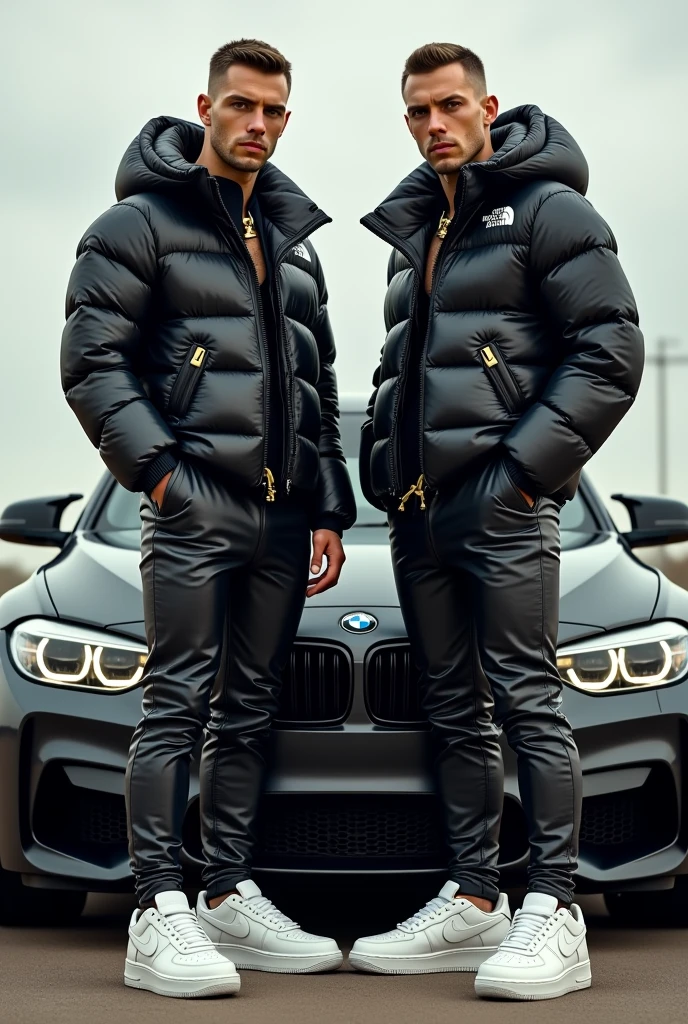 full view full body, two white guys with light-brown undercut clean shaved haircut, golden rings, wearing full length shiny skintight rubber grass with a black North Face puffer jacket blistered with air and white Nike Air Force one, waiting standing beside bmw car