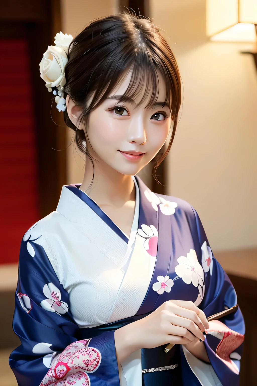 (highest quality:1.5)、(Real:1.5)、(1 person:1.5)、Medium Shot、(Very detailed)、(High resolution)、8k、Small breasts、Natural color lip、Cute smile、Japanese women、20 year old girl、Thin eyebrows、Beautiful and elegant face、Cute face、Cute eyes、Big eyes、Big Eyes、Fair skin、Beautiful and elegant face、Natural Bangs、Beautiful and thin nose、 Beautiful Skin、Medium Bob Hair、Natural Bangs、Perfect and beautiful facial features、Slim face and figure、(Looking at the camera with a cute expression)、(Bright lighting)、Professional Lighting、(Lighting from the front)、Adorable smile、cute、Beautiful cleavage、Simple Background、Japanese-style room、Beautiful clavicle、Graceful pose、Kimono with long-sleeved kimono、Cutekimono with long-sleeved kimono、(cutekimono)、(cutekimono)、Beautiful clavicle、Upper Body、Beautiful cleavage、Beautiful Japanese pattern kimono、Cute Japanese pattern obi、kimono、(Large Breasts:1.3), (Slim Body:1.3),