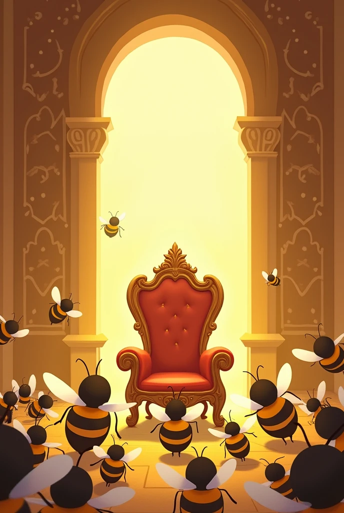 A whimsical vector illustration in a normal children's book style. An empty, ornate chair meant for the King Bee is placed at the center, elevated slightly on a small platform. Surrounding the chair, a group of bees with different sizes and colors are bowing down in respect. The background shows the interior of a bee yard, with honeycombs lining the walls and soft, golden light filtering through. The scene is lively yet reverent, capturing the bees' respect for their absent king.