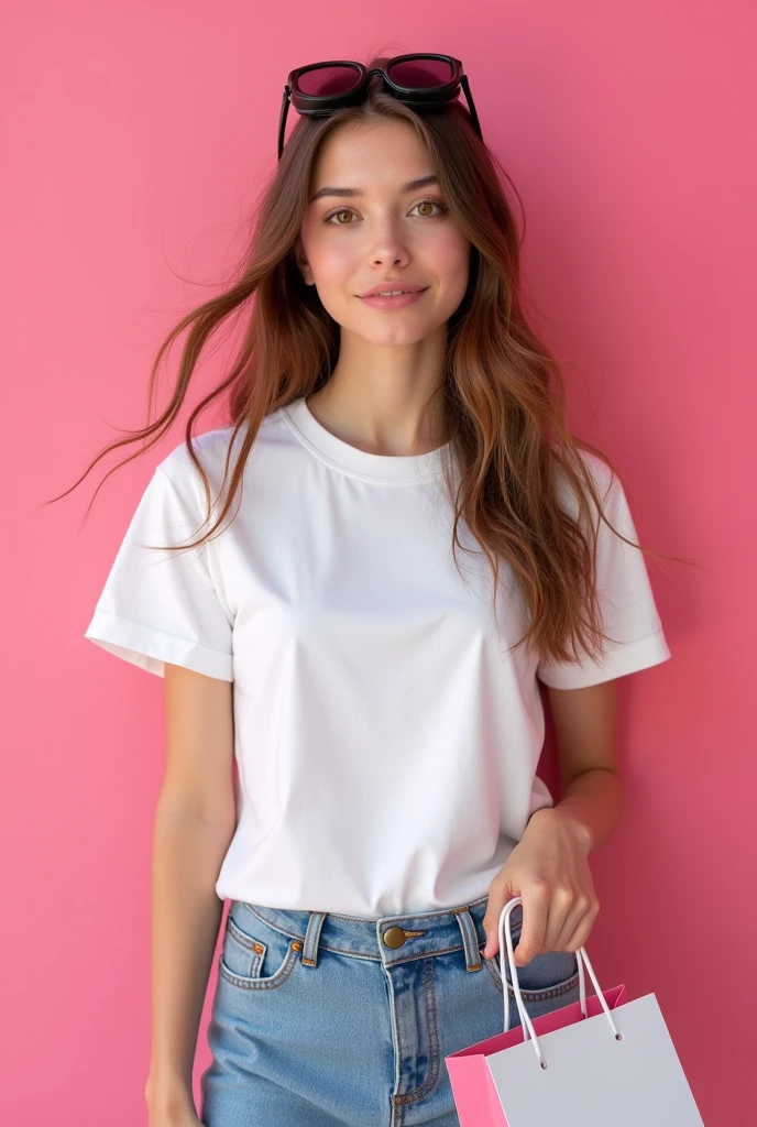 Same girl with the pink background and the t -shirt colour is pure white and medium size t shirt and the girl wear a black colour googles and a shopping bag in her hand . Make sure she stand in different angles and poses
