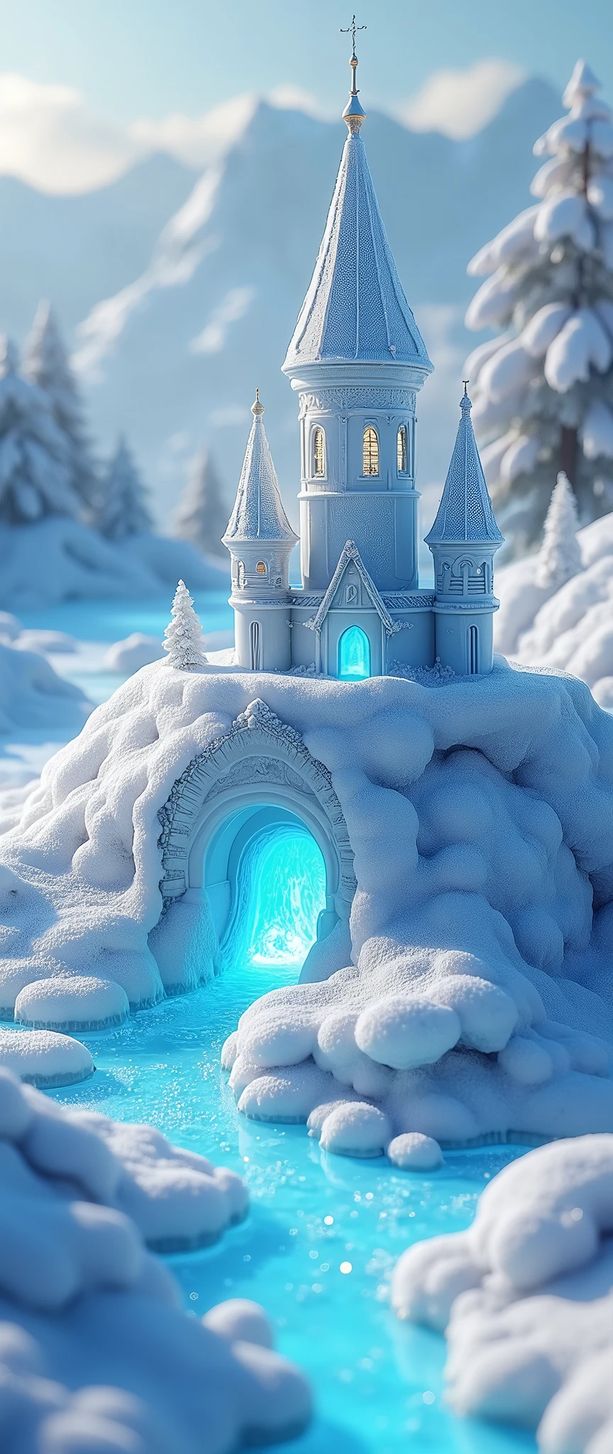 (masterpiece:1.2,Exceptional Quality,mirror-like,Cinematic Experience,Photorealistic,RAW Photos,Super detailed),8k,wallpaper,(Diamond dust:2.0),(Made of ice:2.0),Cute ice castle,(Snow glow:2.0),Artistic,Light of the sun,Isometric 3D diorama