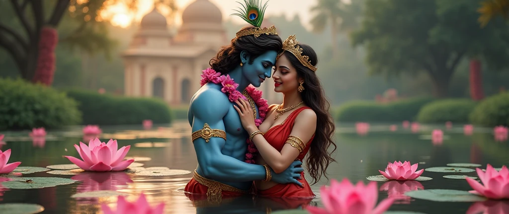 A serene view of Lord Krishna in traditional dress, sky blue skin, royal crown with few peacock feathers in the crown, wearing a vibrant lily garland. Krishna is hugging radha from the back. Krishna's hands holding Radha's sexy waist. Radha's front fully body is visible. Radha has a sexy fair skin face, brown eyes, red lips, long wavy brown hair, wearing a luxurious crown. Radha is wearing red saree. Radha is completely exposing her waist with navel piercing. Radha is exposing her body. Radha has curvy body features. Radha's head is on krishna's chest. Both radha and lord krishna are in the palace pond covered with pink lotus flowers. Radha and krishna are very happy with a smile. The backdrop features a palace, casting a tranquil glow Depth to the image, creating a hot, sexy and realistic atmosphere. The image is viewed from a top view only. Make sure everything is perfect.