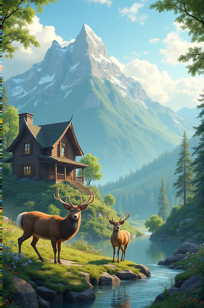 A house on the mountain near to rever and rever outside flowers and clouds and morning time and trees and 2 deers and