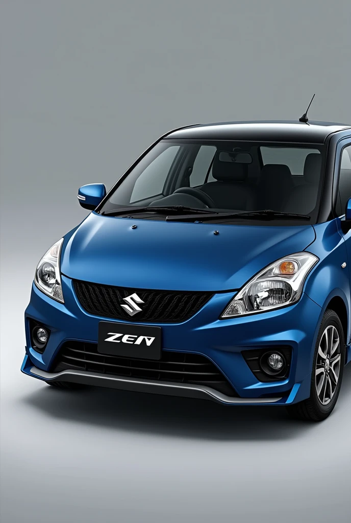 A car , company : Maruti Suzuki, model: Zen estilo, make: 2009, body deep blue color , top roof black color. With rain guard and spoilers Create the image. Use side view , full car must shown.