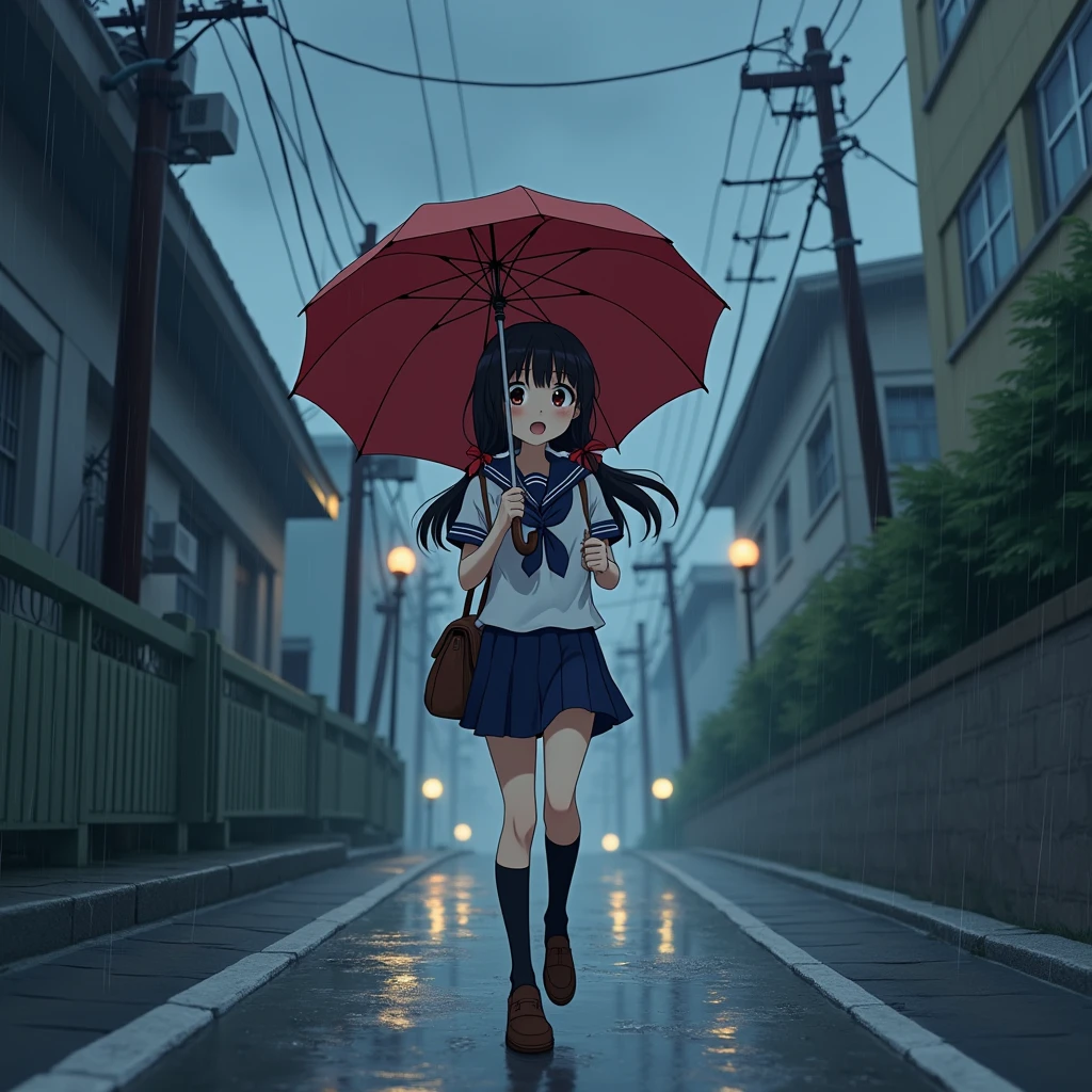 Anime Style, A girl walking down a hill, Walking on the edge of the road, Holding an umbrella, Surprised expression, Be confused,
Steep Slope, Slope 20 degrees, steep hill, very sloped road, very sloping ground,
The girl is wearing a white sailor suit with short sleeves and a navy collar, with a blue ribbon., Wearing a navy blue skirt, 
Wearing black high socks, Wearing loafers.
Her hair is very long and black, with low twin tails and red ribbons..
Not high pigtails, Not half-up,
Open red umbrella, Dark brown school bag,
Late teens, Small breasts, Has dark brown eyes.
puddle, Sidewalk, pavement, Japan roads, Town, building, Apartment, Electric pole, electric wire, Town灯, Townの景色,
Very heavy rain, fog, Outdoor, evening, from front.