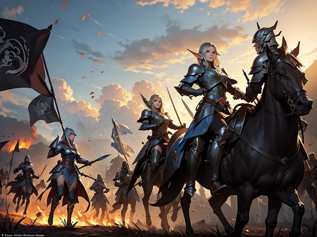 masterpiece, Best quality, The heavily armored Elven army marches in tight formation with raised banners across the burning fields., each soldier is drawn in detail