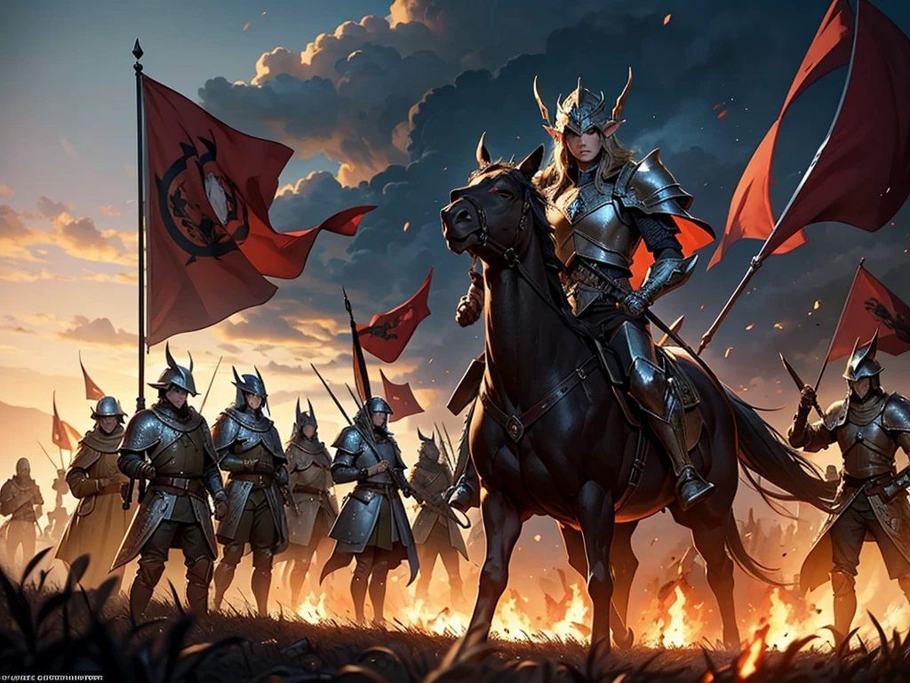 masterpiece, Best quality, The heavily armored Elven army marches in tight formation with raised banners across the burning fields., each soldier is drawn in detail
