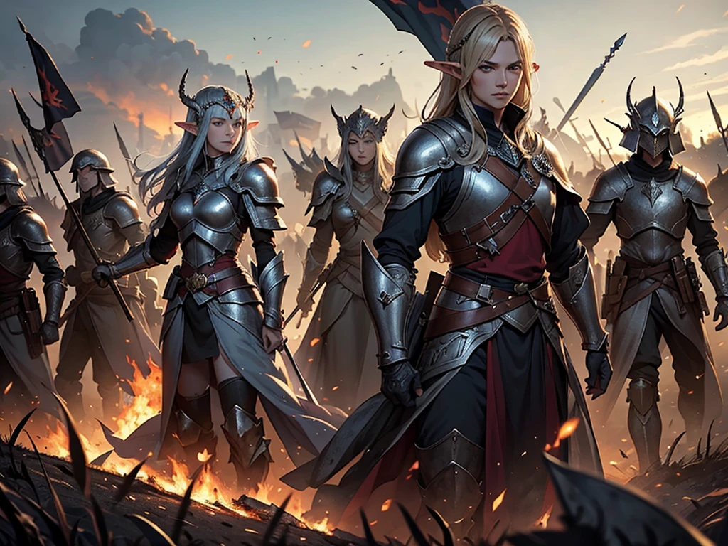 masterpiece, Best quality, The heavily armored Elven army marches in tight formation with raised banners across the burning fields., each soldier is drawn in detail