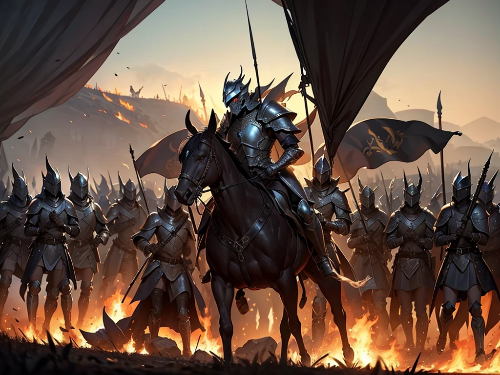 masterpiece, Best quality, The heavily armored Elven army marches in tight formation with raised banners across the burning fields., each soldier is drawn in detail