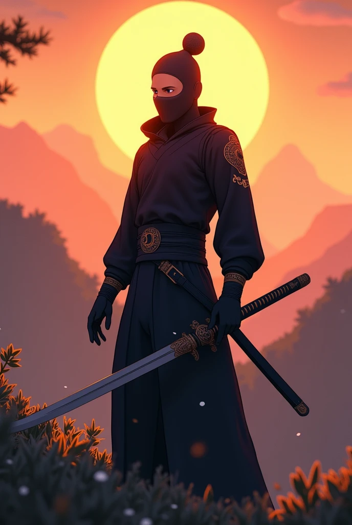 An animated ninja in full black under the dawn wearing Bhutanese gho carrying a sword with the name MJ in bold on the front