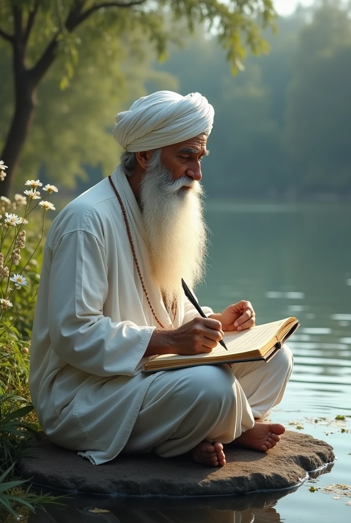 Old age one a sikh people white cloths.
 writing religious book 
set on the pond. 

 hd print 

