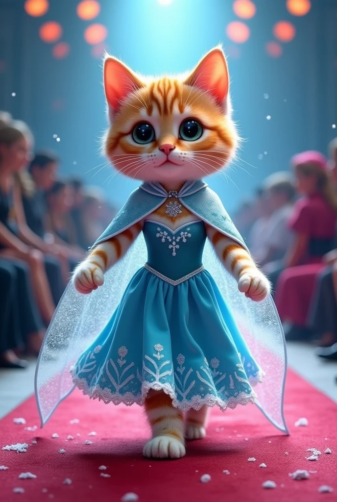 (photorealism:1.2), a cute ginger cat wearing elsa from frozen clothes walking on the runway