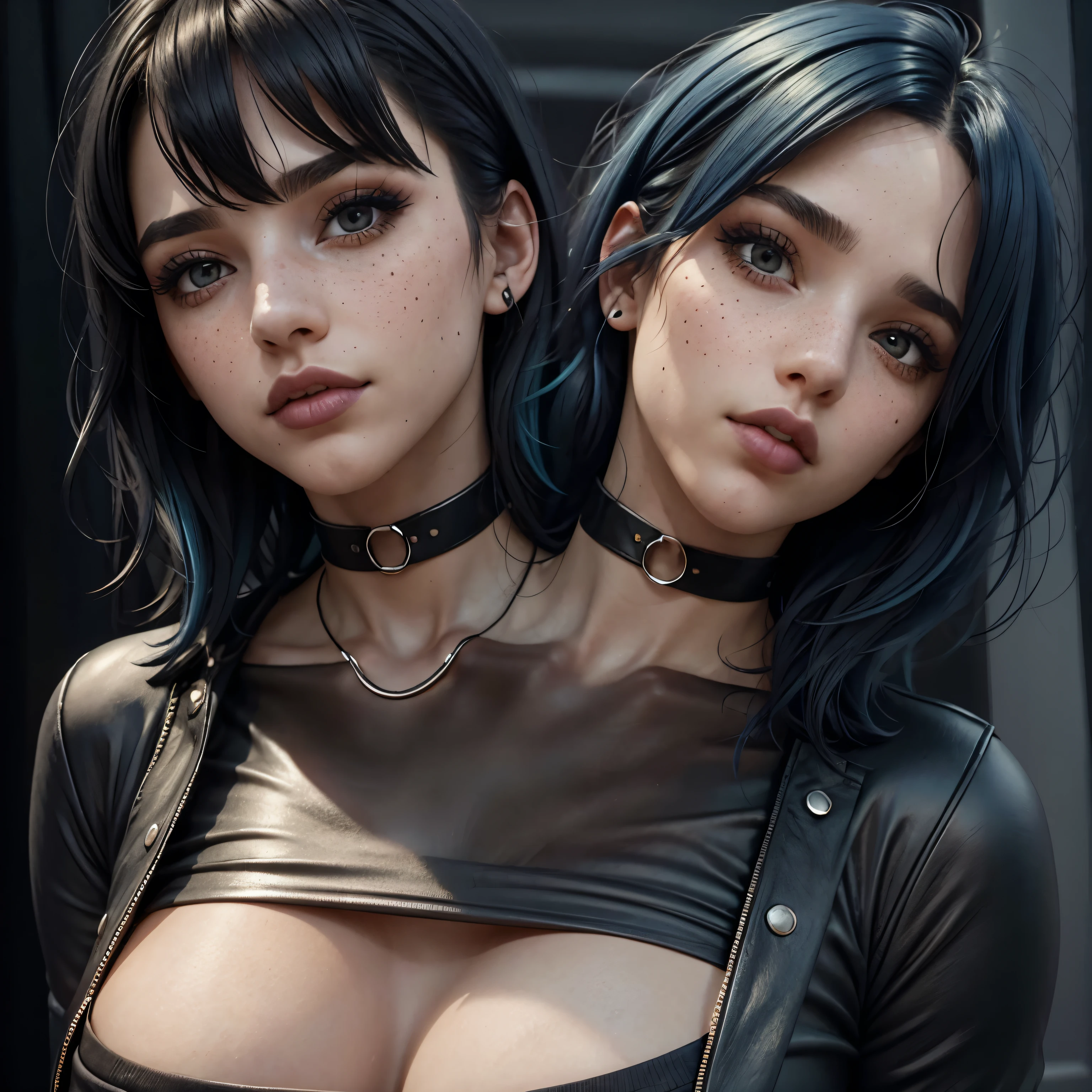 masterpiece, best quality,3d rending work ,3DMM style,close-up,portrait, 3D,1girl, solo, multicolored hair, blue hair, black hair, necklace, freckles, jewelry, two-tone hair, looking to the side, realistic, upper body, simple background, bangs, looking away, short hair, parted lips, black eyes, lips, gothic, choker, makeup, mole, black shirt, shirt, (two heads)