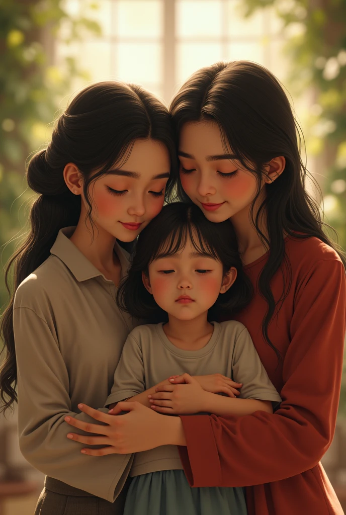 a 2 Indonesian woman, hugging a girl