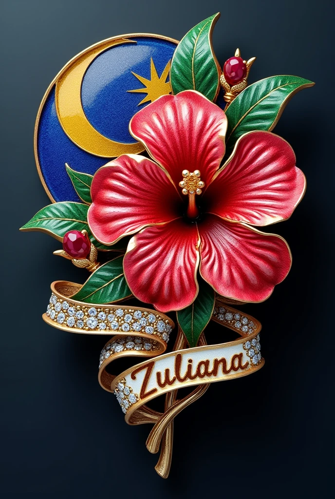 Brooch hibiscus shape with malaysian flag as the background in the brooch in diamond and ZULIANA inside ribbon under it