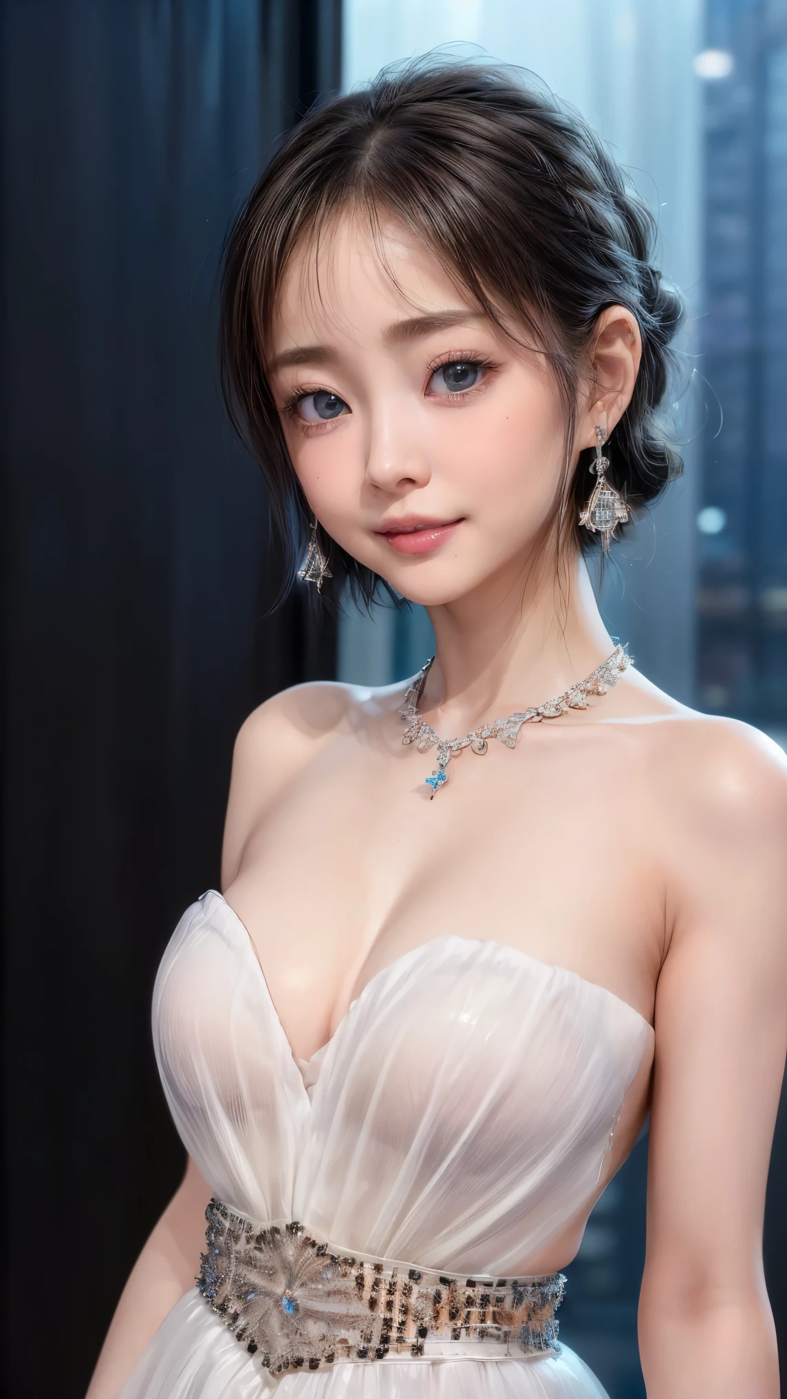 (4k quality:1.3),(Highest quality:1.3),(Whitening:1.4),(Baby Face,Girl:1.3),(The best beauty:1.5),rich,Upper Body,smile,(Strapless bejeweled dress:1.3),Overflowing breasts,(jewelry),Captivate a man,Cleavage,(Super Celebrities:1.5),(Supermodel:1.4),(Whitening:1.2),(Tight waist:1.4),(Night viewの良いホテル:1.1),(luxury:1.2),(Arisa Hanyu:1.5),(anorexia:1.4),(Night view:1.3),(Face close-up),Catchlight,(Child's face:1.6),(smile:1.1),(Light blue hair:1.3),(Half Up Hair:1.3),(Light blue eyes:1.4),(2D cuteness:1.5),(Cute Makeup),Beautiful fingertips,(Sexy and cute:1.6),(Luxury hotel:1.6),(White Gal:1.6),(Transparent white skin:1.4),(albino:1.5),(Lighting hits the subject:1.3)