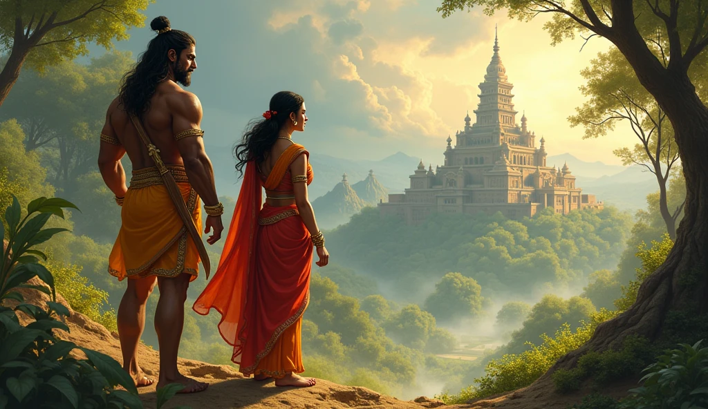 ""Lord Ram sensing the presence of the hidden palace, looking determined while holding his bow with Sita and Lakshman by his side."