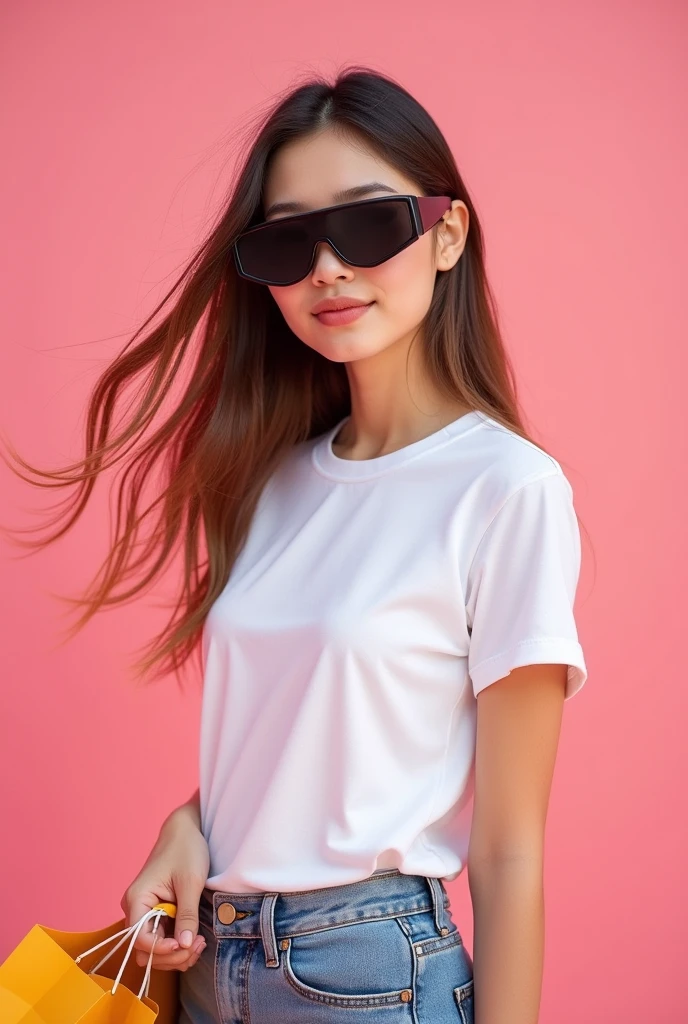 Same girl with the pink background and the t -shirt colour is pure white and medium size t shirt and the girl wear a black colour googles and a shopping bag in her hand . Make sure she stand in different angles and poses
