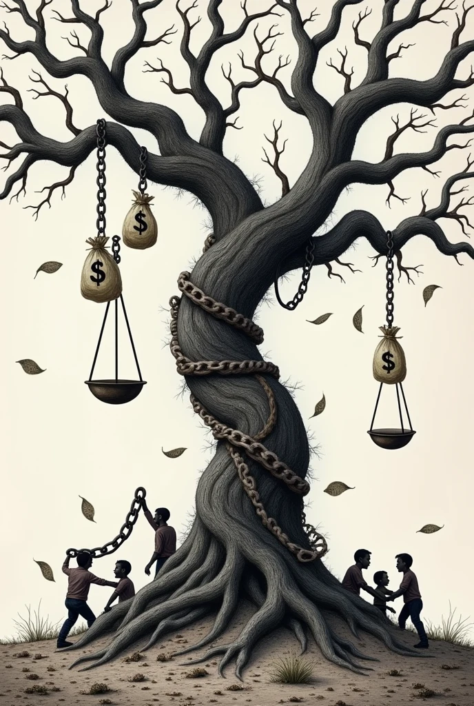 Create an ominous, gnarled tree in the center of the image to symbolize corruption. The tree has twisted branches and visible roots that spread out across the ground. Hanging from the branches are several bags of money, each marked with a currency symbol, representing stolen wealth. At the base of the tree, near the roots, show a tipped-over scale of justice to signify how corruption has disrupted fairness and law. Wrapped around the tree’s trunk is a heavy chain, with people at the base trying to break free from it, symbolizing how corruption traps and limits ordinary citizens. Finally, depict withered leaves falling from the branches, some scattered on the ground, to indicate the decay and harm caused by corruption.
In a drawing form