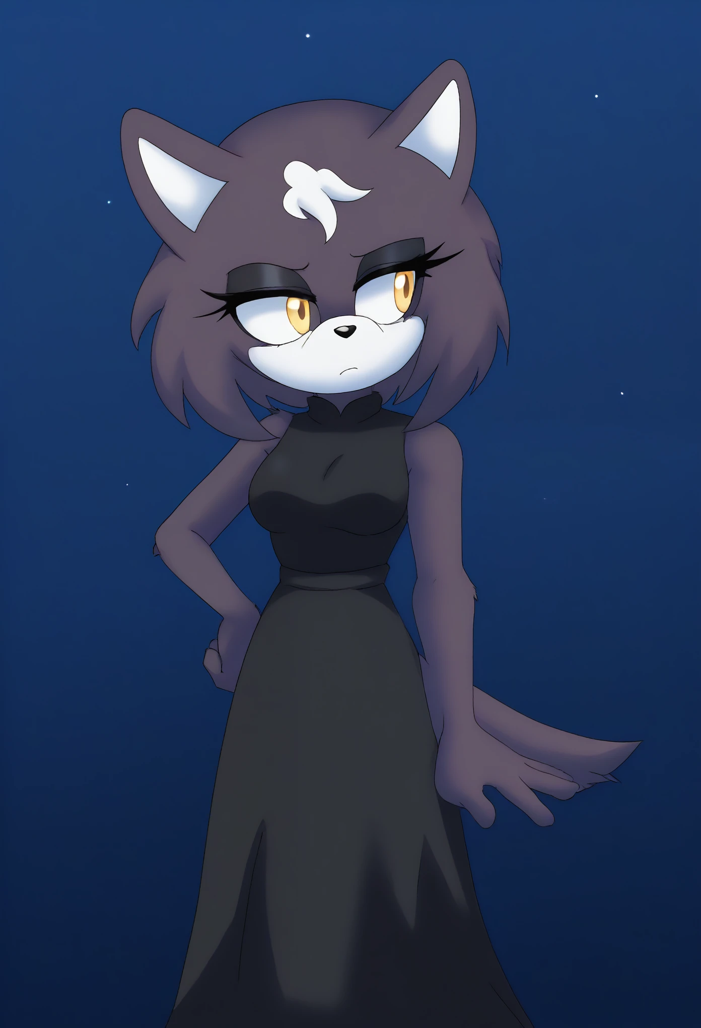 Female red wolf, (great detail), 1girl, solo, dark burgundy fur, medium hair, white highlights in hair, fringe-trim styled bangs, amber colored eyes, black dress, high split dress, dusk/night, cloud, (1girl), (solo), outdoors, tree, tired, hand on hip, arm at side, looking to the side, medium breasts, upper body, fringe_trim, standing, eyelashes, mobian, Mobius city