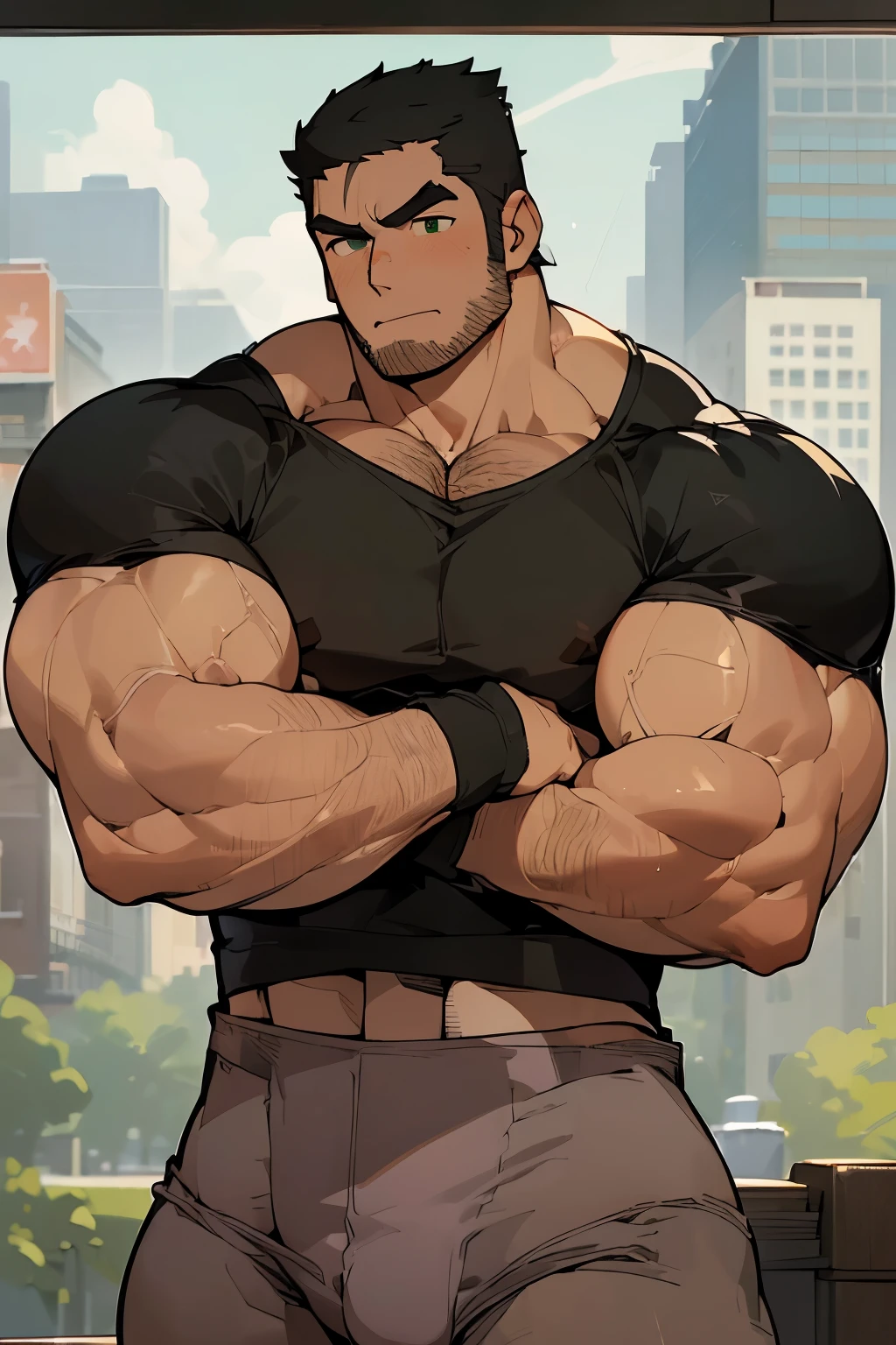 best quality, masterpiece, Extremely detailed, 1 person, Solitary, Mature male, Adult male, muscular, only, Macho, Strong, Large target, Studs, Black Hair, black beard, Thick beard, Green Eyes, Bright Eyes,, ((Show your pectoral muscles:1.5)), (Military Western), Looking at the audience, City background, City background,(Thick body hair),(他露出muscular, Hairy legs),(Very prominent crotch),(Very large)Broad shoulders,Muscles protrude a lot,Crotch bulge,(Long legs),Highest image quality,Japanese cartoons ,Anime Wallpaper,Chest muscle expansion,Spread your legs,Sexy,(main part, best quality),((Exaggerated muscle bulge)),Very prominent reproductive organs),(Briefs:1.9),(Crotch bulge呈现条状物:1.4),Tear off clothes ((The upper body is completely bare:1.5)),Full chest muscles,Sagging breasts,Huge nipples,