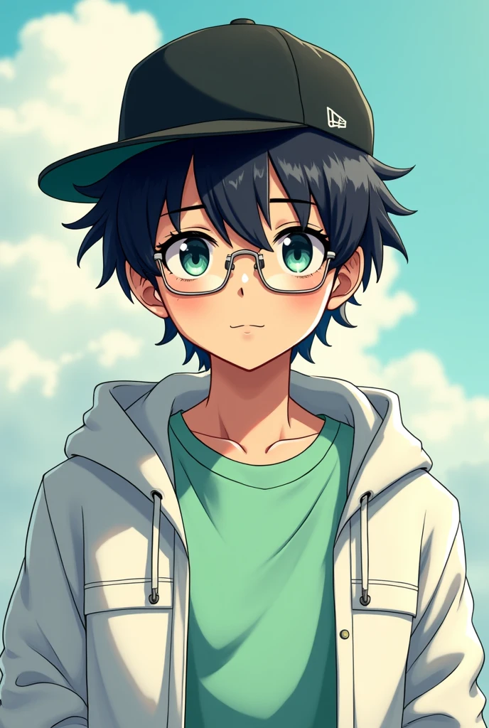 Anime boy, wear cap black, wearing T shirt light green, wear white jacket, hair is wavy and fluffy, black hair, wear glasses, wear square rimmed glasses stainless 
