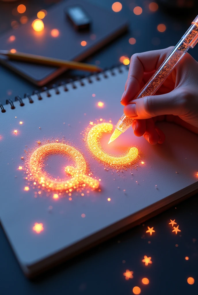 Fascinating, hyper-realistic 16K 3D illustration captures a magical moment of pure creativity. An artist is skillfully depicting a message, "QC", In the notebook. The text is composed of Energetic, The color of the sepia star smoothly transitions across the spectrum. Artist&#39;s Hand, Holding a transparent pen filled with bright stars, Exquisite details, Symbolizes unlimited creativity and imagination. The background is a 3D sketchbook setting，Scattered throughout, For this charming, gameffiti-inspired scene. The illustration radiates energy, move, and Energetic colors, Making it a true work of art that celebrates creativity and imagination., game, Movie, Energetic, gameffiti, , typogamephy, product, illustration, photo, 3D Rendering, Fashion, Dark Fantasy