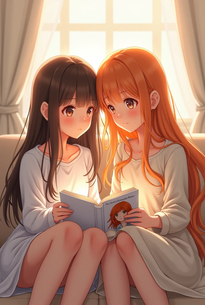 Two anime style softy friends looking at each other one of the girls has long brown hair and the other girl has long orange hair, They are reading a book with their eyes open. The book is white and has on its cover the profile of a girl with orange hair and above the girls reading is the phrase "The Days of April" in Spanish., The girls are happy and have brown eyes