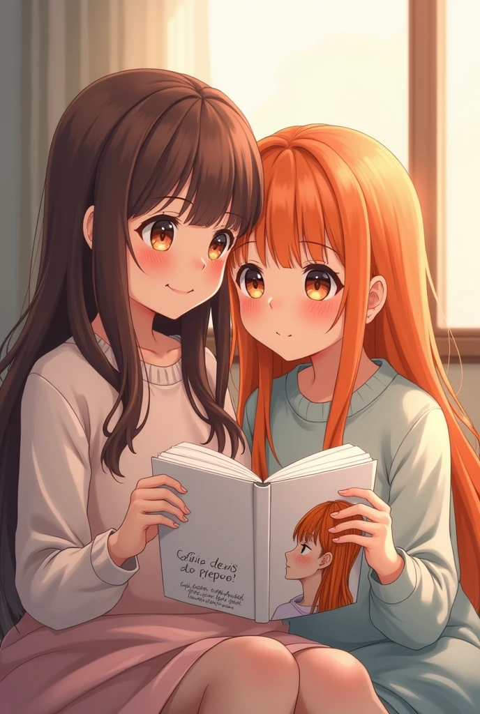 Two anime style softy friends looking at each other one of the girls has long brown hair and the other girl has long orange hair, They are reading a book with their eyes open. The book is white and has on its cover the profile of a girl with orange hair and above the girls reading is the phrase &quot;The Days of April&quot; in Spanish., The girls are happy and have brown eyes 