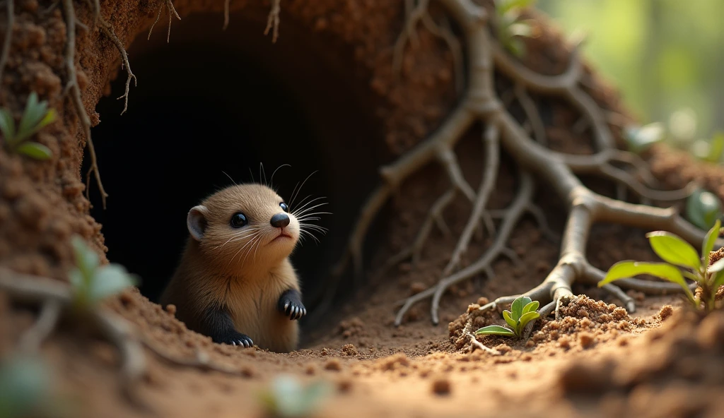 A small, brown mole with a rounded body and tiny paws is partially out of its burrow. It has its nose raised, sniffing the air, with earthy soil and roots around it.