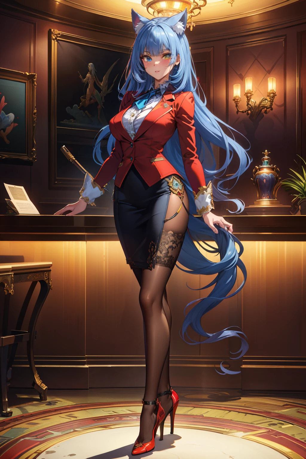 (extremely detailed CG unity 4k wallpaper),(masterpiece),(best quality),(ultra-detailed),(best illustration),(best shadow),(absurdres),(detailed background), Cat girl, Heterochromia, Red blazer, Black pencil skirt, High heels, Elegant, Very long blue hair (Hime), Relaxed standing posture, Hotel reception desk,