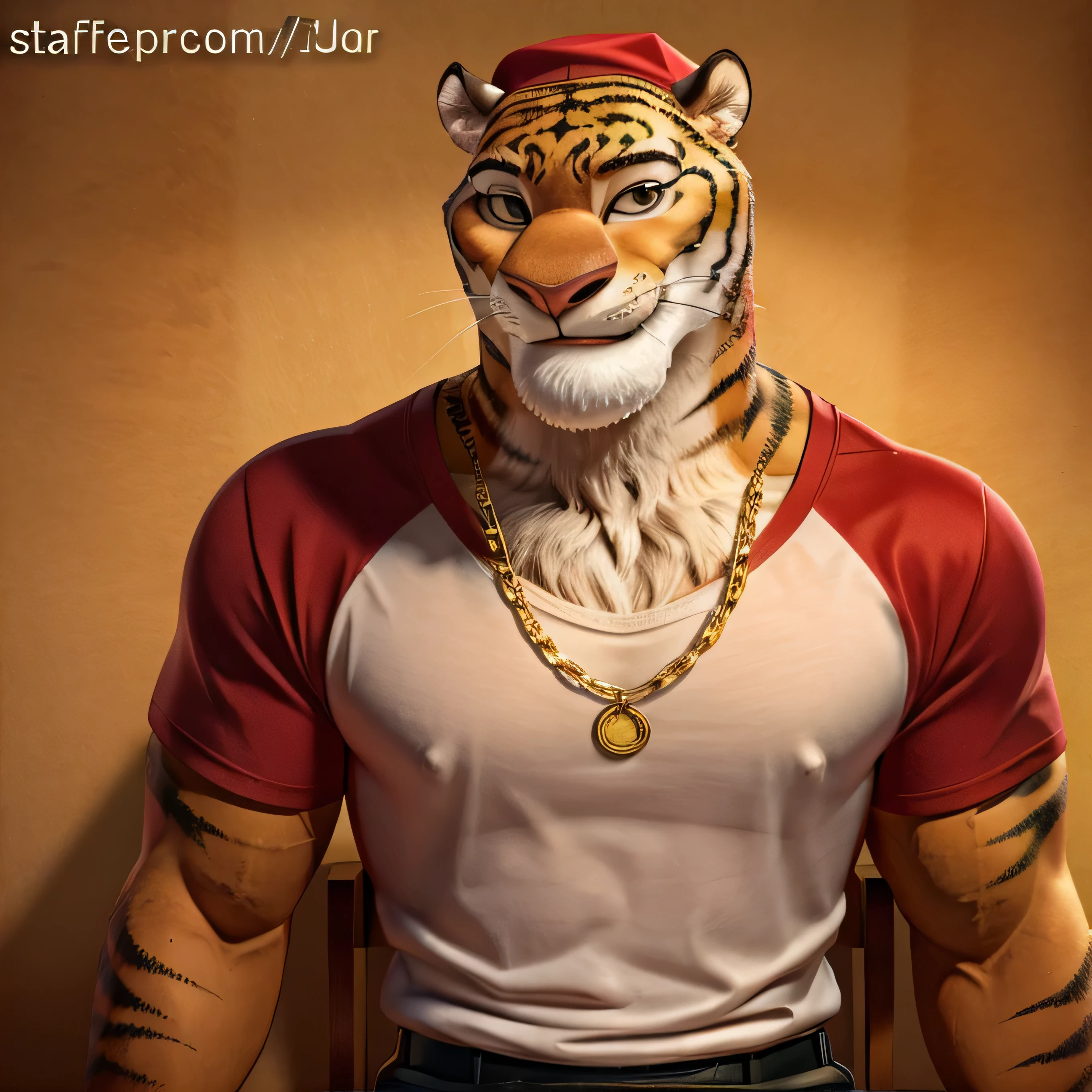 Zootopia cartoon, furry tiger DJ Stripes, tall, slender, handsome, extremely beautiful and cute face, muscular body, gentle look, wears red t-shirt, red cap with inscription prance, two gold chains, sits as a member of the jury, sexy, hot, cute smile