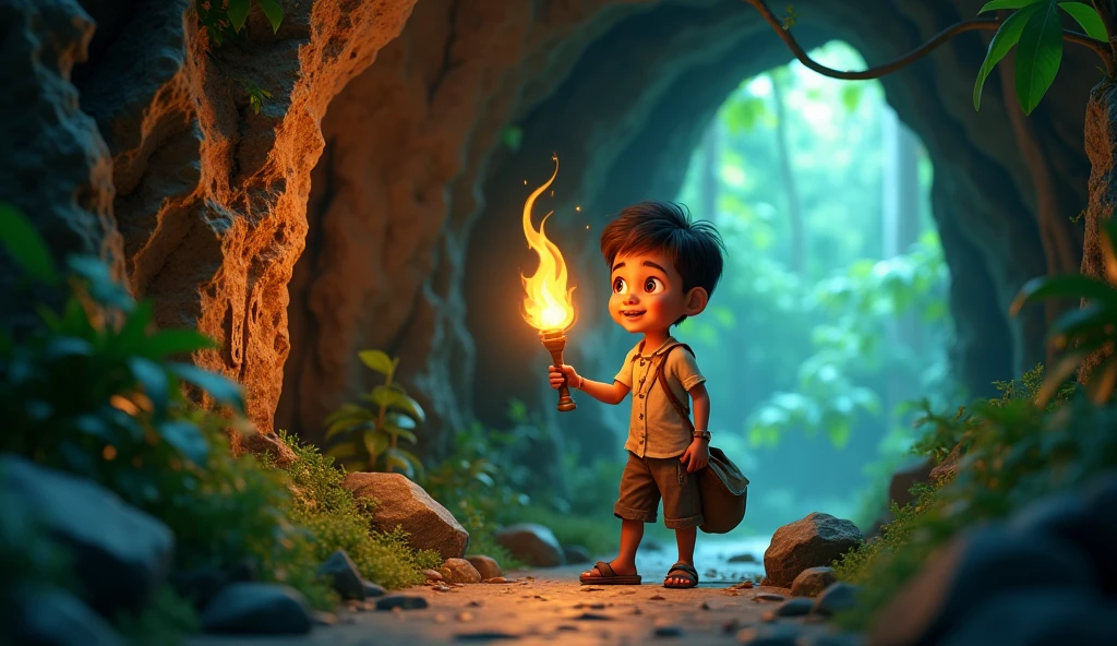 in Cinematic  reastic 3d cartoon style india ghana jungle magical cave a young boy hand torch bag suspense face reaction 