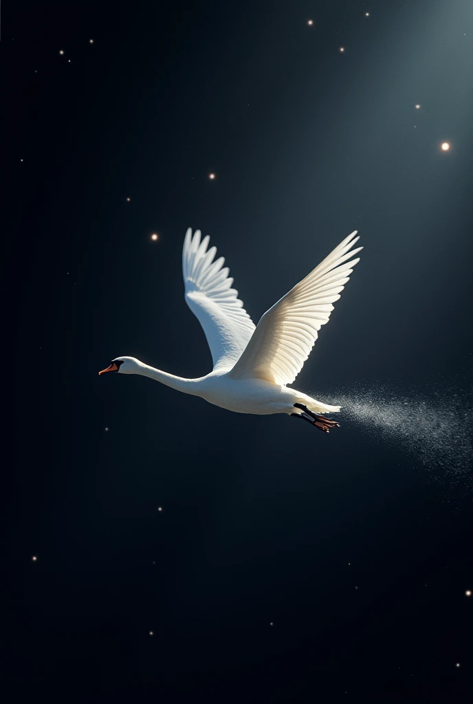 A swan flying upward in space at a high speed
