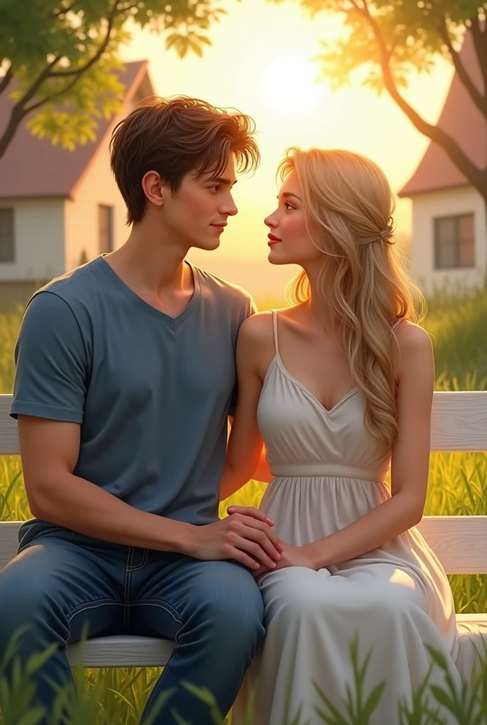 A realistic picture of a handsome young man of twenty sits on a white bench, his fair complexion complemented by his dark brown hair and brown eyes. He wears a simple blue t-shirt and denim jeans, exuding a casual charm. Beside him, a young woman of the same age, with fair skin and long, straight blond hair, dons a white sleeveless dress that flutters slightly in the evening breeze. They hold hands, their fingers intertwined, as they share a serene moment together. The village setting around them is bathed in the warm, golden light of the setting sun, casting a gentle glow over the lush green grass that surrounds the bench.