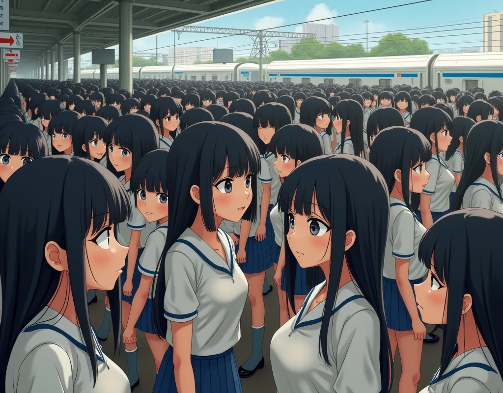 (((((Japanese Clone-girls=Myself))))), (((Super Best masterpiece Clone-girls Raw Photography Art))), (((16K, Highest quality, Ultra-high resolution, RAW Photos))), (((It's so unrealistic., With unparalleled depiction, With an unfathomable sight, An unprecedented and shocking worldview, Clone-girls: In a world of mass reproduction, Ultra-realistic))), (((Japanese Girls, Yokoyama-Yui, 18yo, Small face, Thick black hair, long hair, Dark Eyes, Mature face, Cute Smile, Smiling face, A gentle gaze, (((Very pleasant look)))))), (((Very beautiful detailed girls, Accurate body structure, Accurate body movements, Very detailed body, (((Super big breasts, Large bulge of ample breasts)))))), (((High school girl's summer uniform, Short sleeve, mini skirt, hour々I can see your pants, Cleavage Emphasis, Emphasise the fullness of your breasts))), ((((((((Very detailed, Myself cloning, Depiction of splitting oneself, 1Myself girl→1,000,000,000,000,000,000,000,000,000,000Myself cloning girls)))))))), (((((((Myself clone-girlsから, Myself keeps multiplying, (Very detailed and intricate, To the exact, Flawless, (((In the same female body,With the same face, With the same hairstyle, In the same clothes, At the same height, 同じSuper big breastsである))), In a detailed depiction), 1,000,000,000,000,000,000,000,000,000,000 people))))))), (((((Myself girls only))))), (((((1,000,000,000,000,000,000,000,000,000,000Myself girls))))), (Very detailed, On the platform of a certain station in Japan, A crowd of Myselfs waiting for a train, Depicting yourself moving and standing, View from the train side), Where the wind blows, A super crowded scene, (Very detailed depiction, Clear and accurate perspective depiction, Ultra-wide field of view, wide view, Focus on the average value of the image)