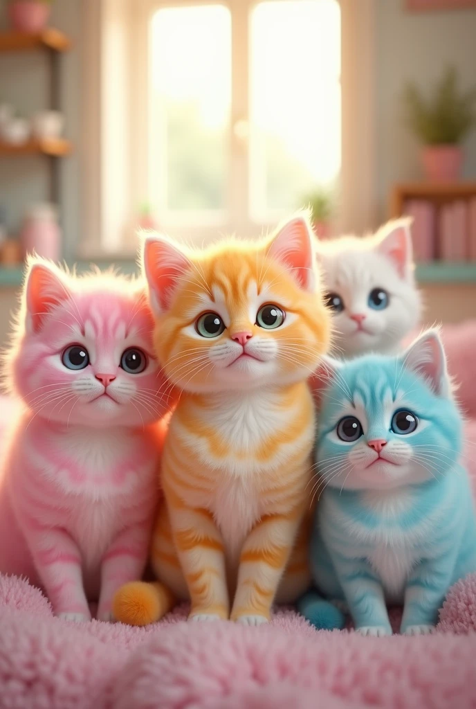 Type: Ultrarealistic
Subject: A group of cute cats, each with fur inspired by colorful cupcakes. The cats should have pastel-colored fur in shades of pink, yellow, lavender, and light blue, with hints of white swirls. The cats are looking directly at the camera with big, adorable eyes, smiling playfully. The group includes both little kittens and older cats, all with a sweet, kawaii appearance. Their fur textures should be soft and fluffy, mimicking the swirls of frosting on cupcakes.
Environment: A cozy indoor setting with soft natural light coming through a window, similar to a warm kitchen or a living room.
Art Style: Photorealistic, with a hint of kawaii aesthetic.
Lighting: Soft, diffused lighting to enhance the pastel colors of the fur, creating a gentle and inviting atmosphere.
Camera: Close-up shot focusing on the faces and upper bodies of the cats to capture their expressions and fur details.
Resolution: 4K, high-definition, ultra-clear details, especially in the texture of the fur and the softness of the lighting.