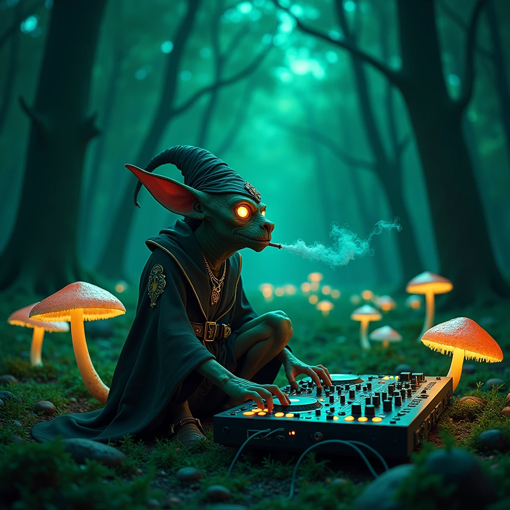 Nightvision footage of a goblin thats dressed like a wizard sitting on a shroom in a shroomforest while smoking out of his herb vaporizer while playing on audio interfaces and dj pults in the night