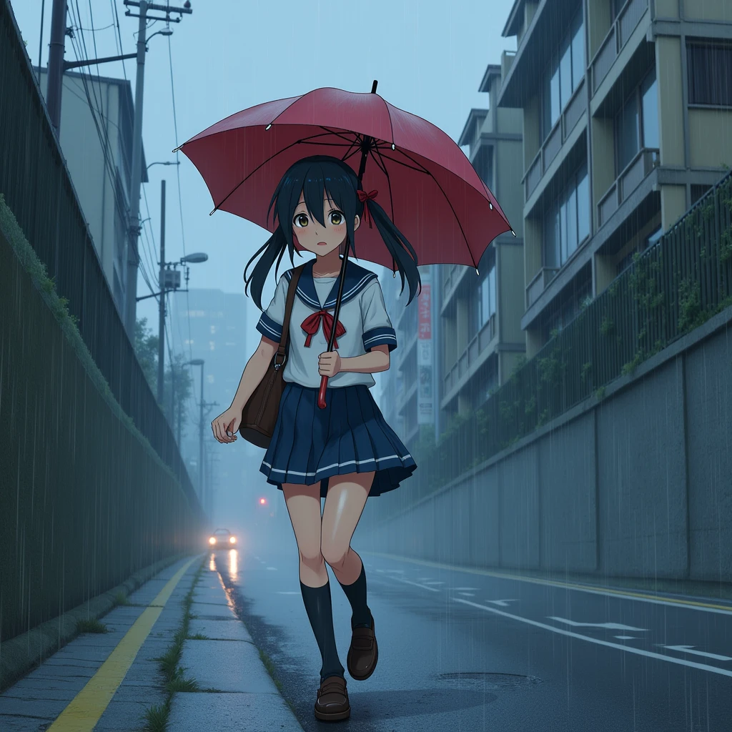 Anime Style, A girl walking down a hill, Walking on the edge of the road, Holding an umbrella, Surprised expression, Be confused,
Steep Slope, Slope 20 degrees, steep hill, very sloped road, very sloping ground,
The girl is wearing a white sailor suit with short sleeves and a navy collar, with a blue ribbon., Wearing a navy blue skirt,
Wearing black high socks, Wearing loafers.
Her hair is very long and black, with low twin tails and red ribbons..
Not high pigtails, Not half-up,
Open red umbrella, Dark brown school bag,
Late s, Small breasts, Has dark brown eyes.
puddle, Sidewalk, pavement, Japan roads, A city with slopes, building, Apartment, Electric pole, electric wire, Street lamp, City view,
Very heavy rain, fog, Outdoor, evening, from front.