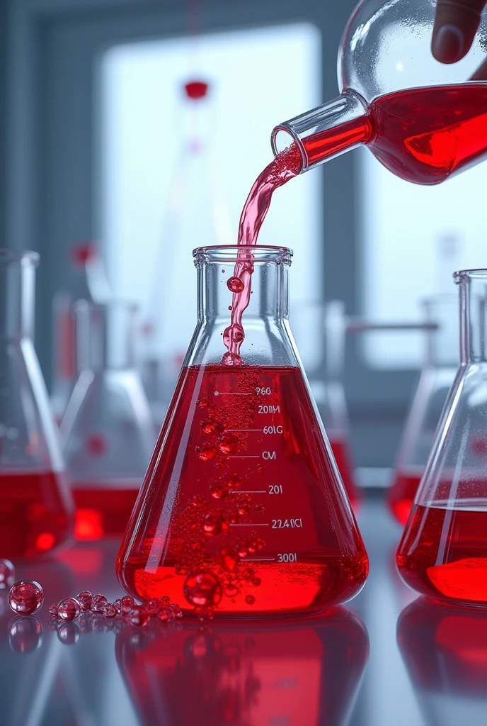 An experiment for esterification reaction . Without people only the chemicals having red colour solution 
With explanation by labelling about the procedure



