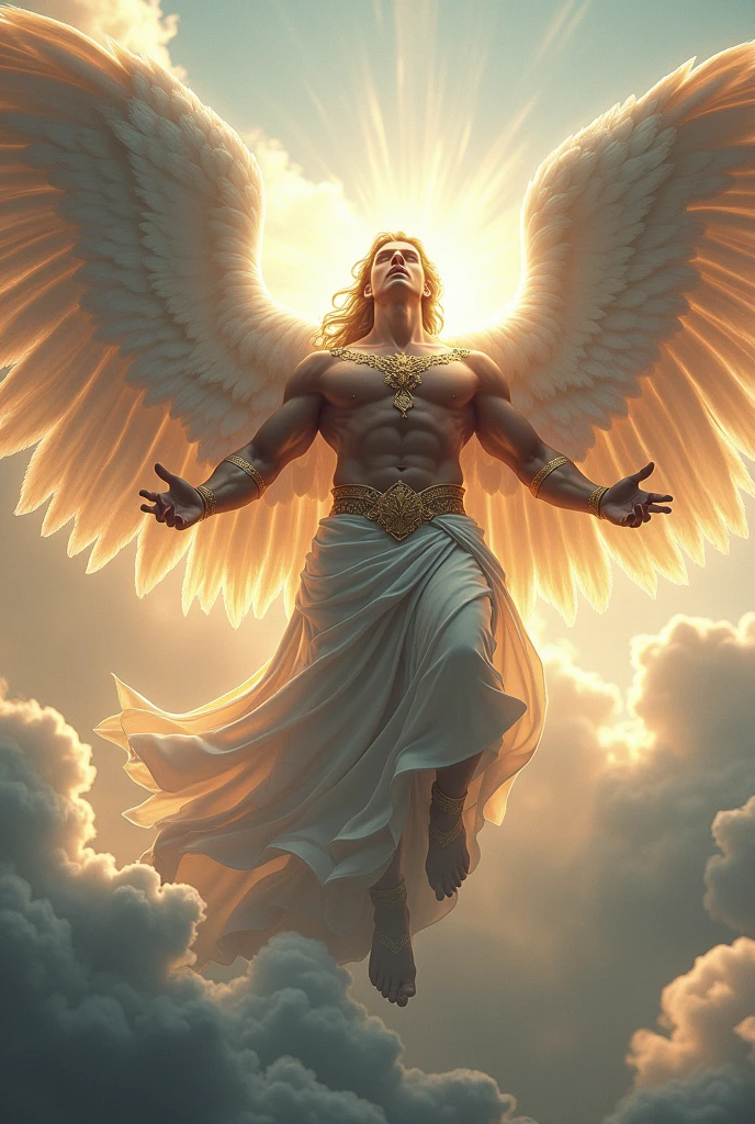 Massive male angel with wings in the sky
