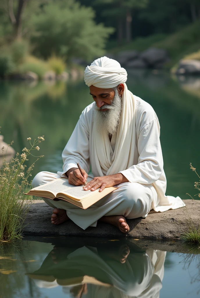 Old age one a sikh people white cloths.
 writing religious book 
set on the pond. 

 hd print 

