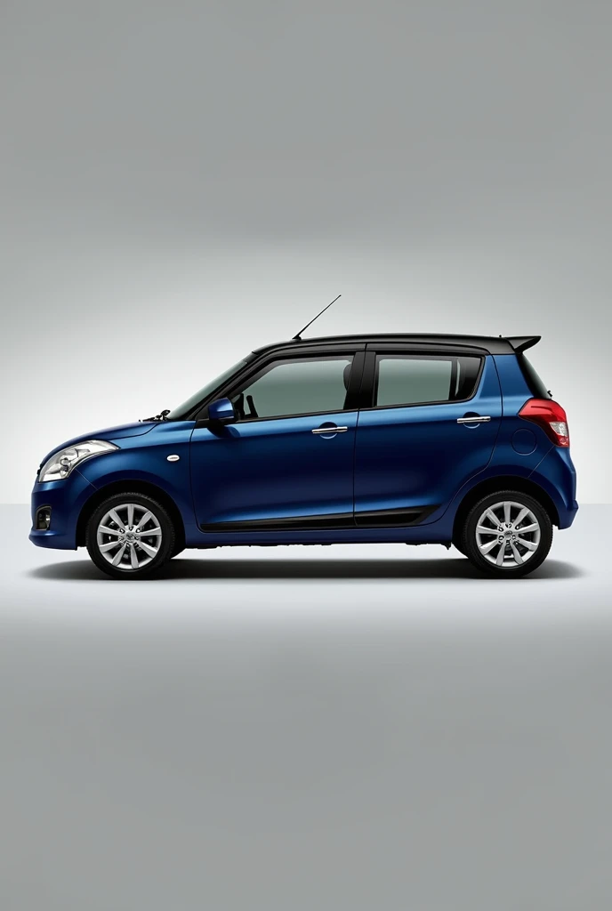 A car , company : Maruti Suzuki, model: Zen estilo, make: 2009, body deep blue color , top roof black color. With rain guard and spoilers Create the image. Use side view , full car must shown. Give option to choose 2 or more design